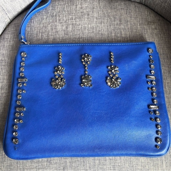Cobalt blue faux leather crystal embellished wristlet clutch - Picture 1 of 9